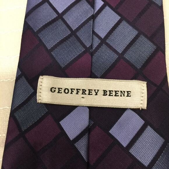 Geoffrey Beene Blue Purple Square Window Pane Pattern Classic Silk Tie - Picture 5 of 6